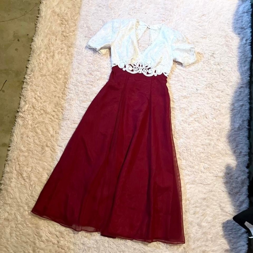 Vintage 80s Burgandy White Lace Gown Quirky Eclectic Dress Womans 4 Retro Formal
